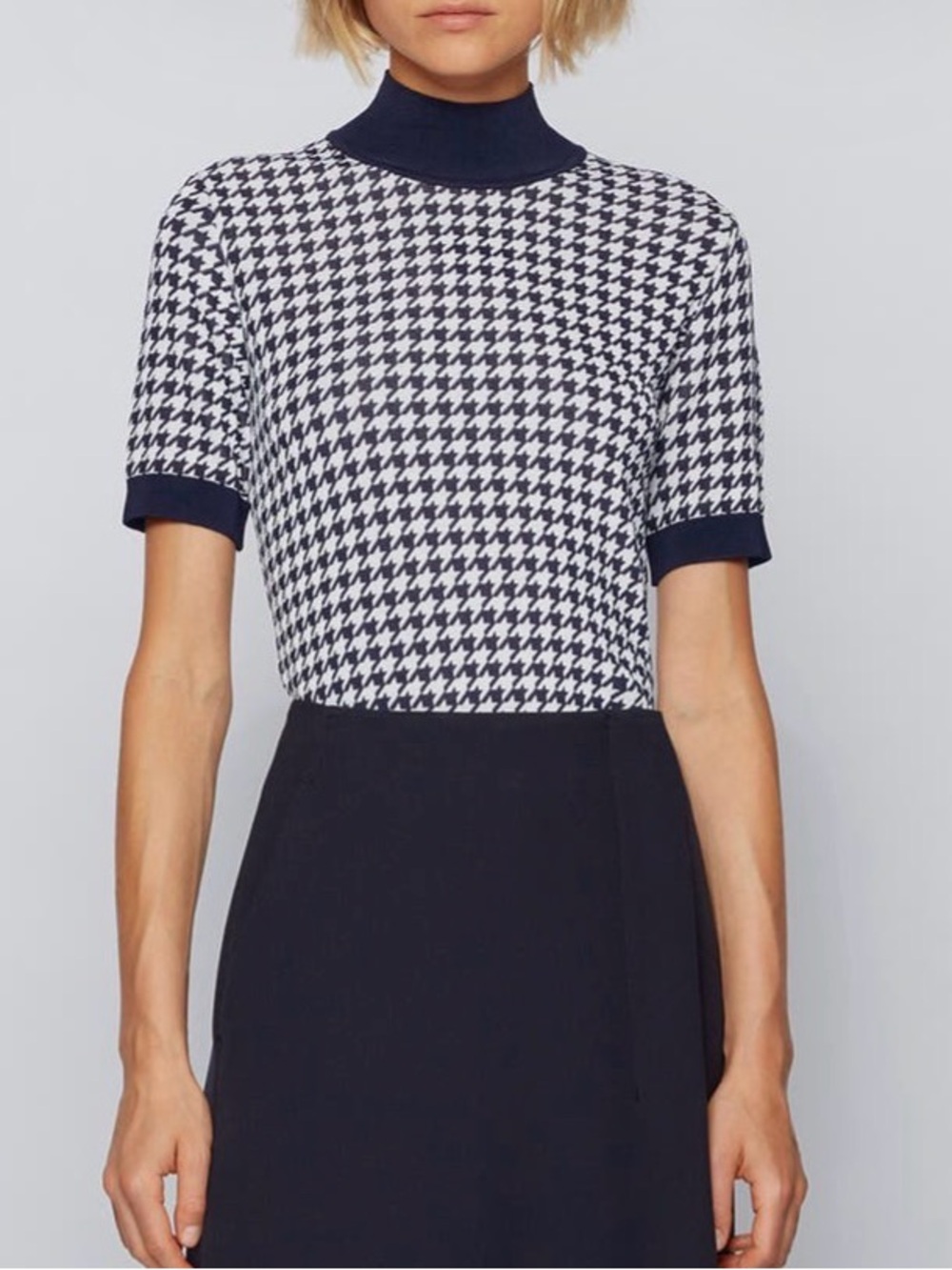 BOSS Faryna Houndstooth Short Sleeve Sweater sz XXL Color: navy & white